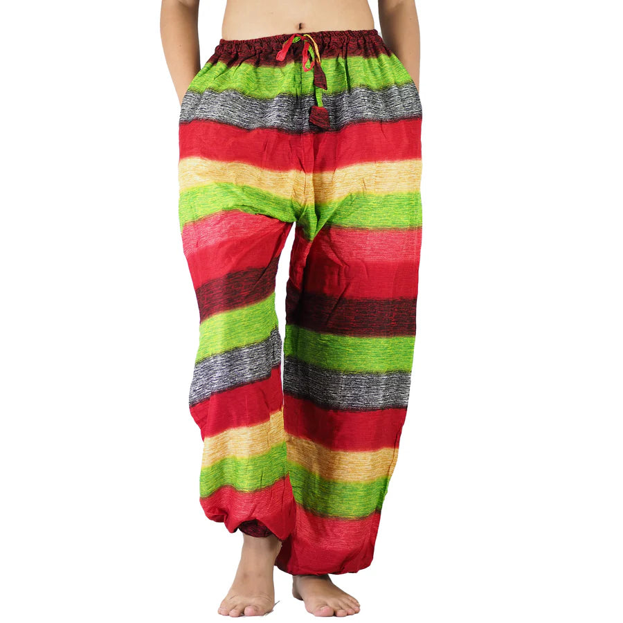Bohotusk Red Funky Multi Stripe Print Womens Harem Pants Cord Tie Waist S/M Only