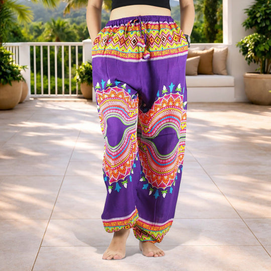 Bohotusk Purple Regue Print Womens Harem Pants Cord Tie Waist S/M Only