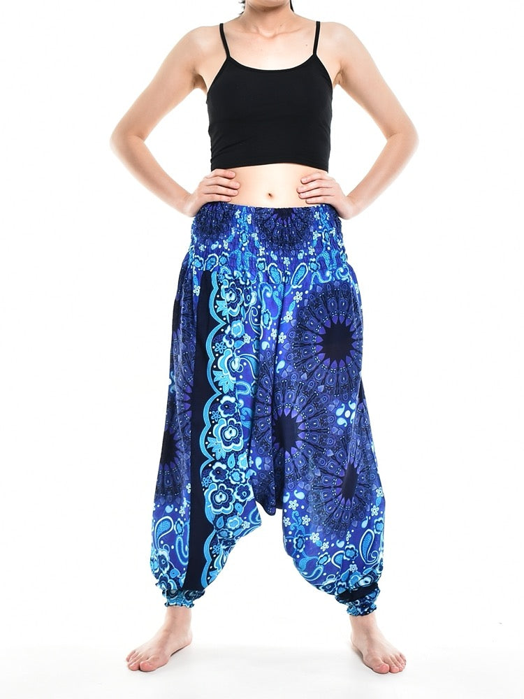 Bohotusk Blue Ink Splash Low Crotch Harem Pants Womens Elasticated Smocked Waist S/M Only