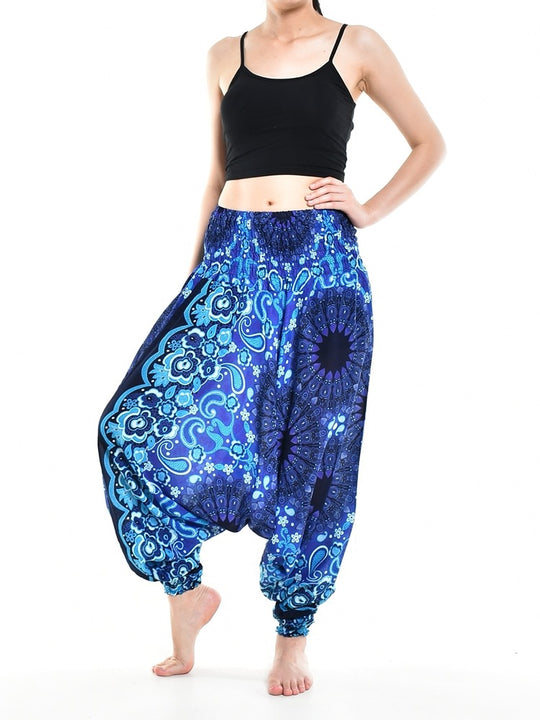 Bohotusk Blue Ink Splash Low Crotch Harem Pants Womens Elasticated Smocked Waist S/M Only