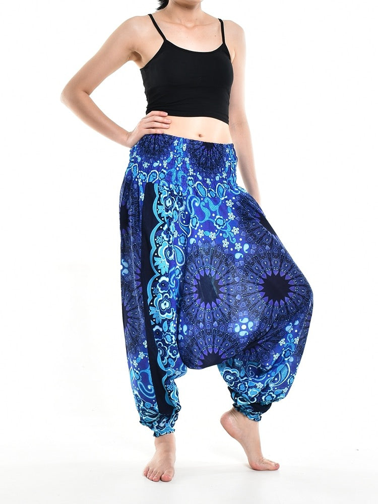 Bohotusk Blue Ink Splash Low Crotch Harem Pants Womens Elasticated Smocked Waist S/M Only