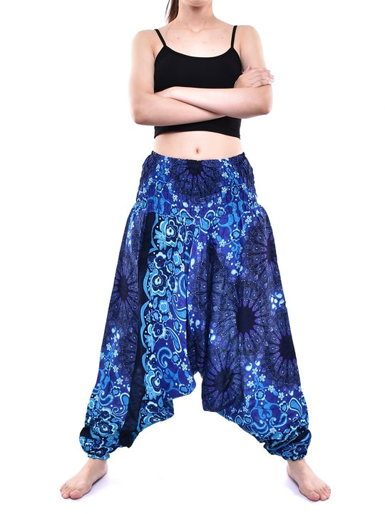 Bohotusk Blue Ink Splash Low Crotch Harem Pants Womens Elasticated Smocked Waist S/M Only