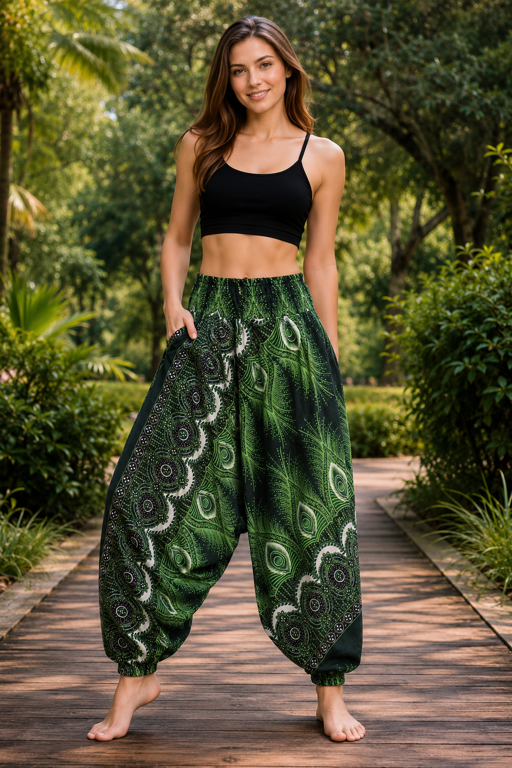 Bohotusk Green White Peaock Design Low Crotch Harem Pants Womens Elasticated Smocked Waist S/M