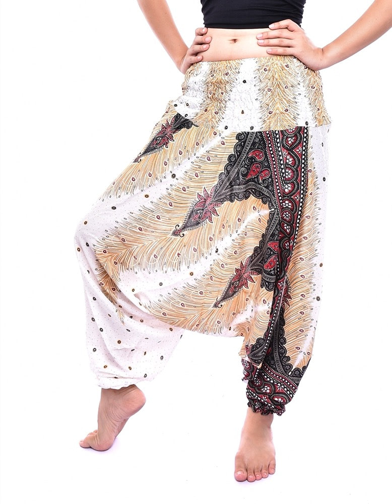 Bohotusk White Brown Peacock Print Low Crotch Harem Pants Womens Elasticated Smocked Waist S/M Only