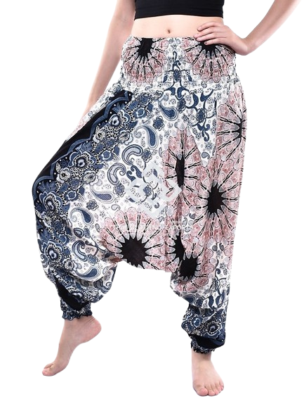 Bohotusk White Ink Splash Low Crotch Harem Pants Womens Elasticated Smocked Waist S/M Only