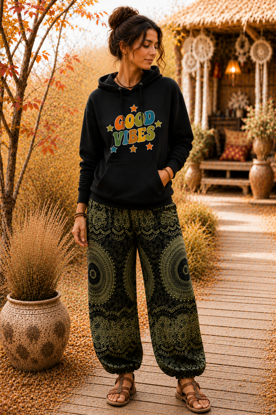 Bohotusk Good Vibes Cotton Black Hoodie S - 2XL (UK 8 - 20)