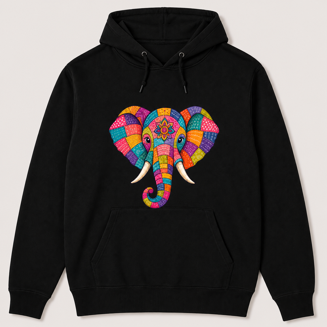 Bohotusk Patchwork Elephant Cotton Black Hoodie S - 2XL (UK 8 - 20)