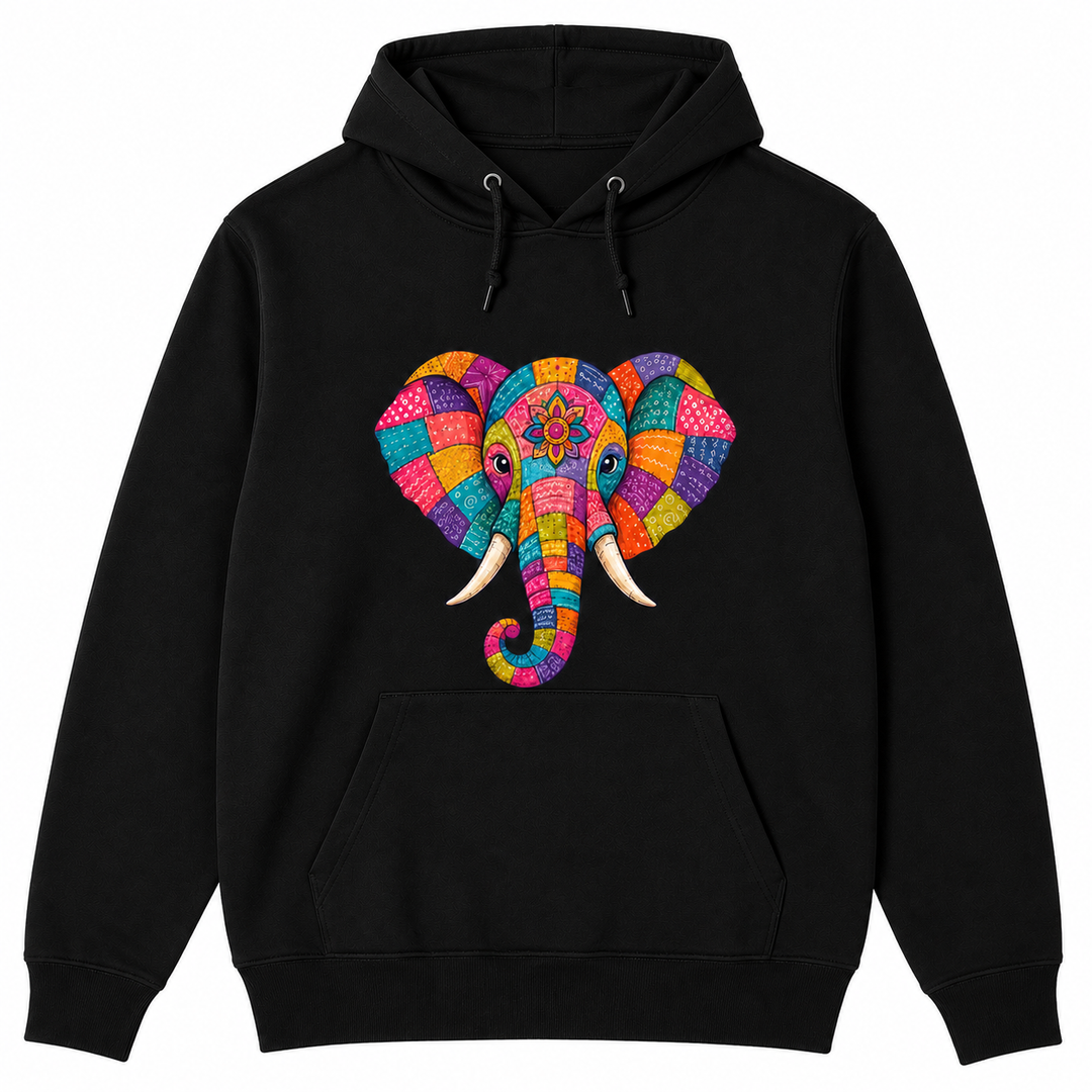 Bohotusk Patchwork Elephant Cotton Black Hoodie S - 2XL (UK 8 - 20)