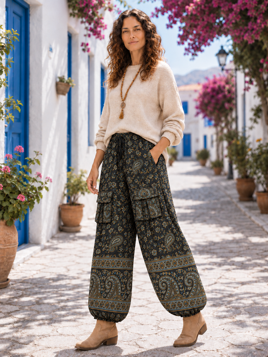 Bohotusk Blue Grey Green Paisley Fleece Harem Pants