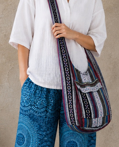 Bohotusk Striped Multi Coloured Cotton Canvas Sling Shoulder Bag