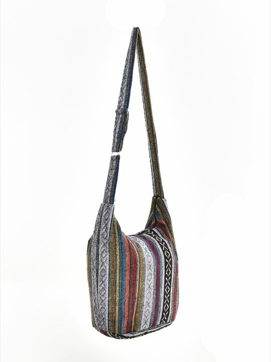 Bohotusk Mutli Stripe Cotton Sling Shoulder Bag Adjustable Strap Zip Closure