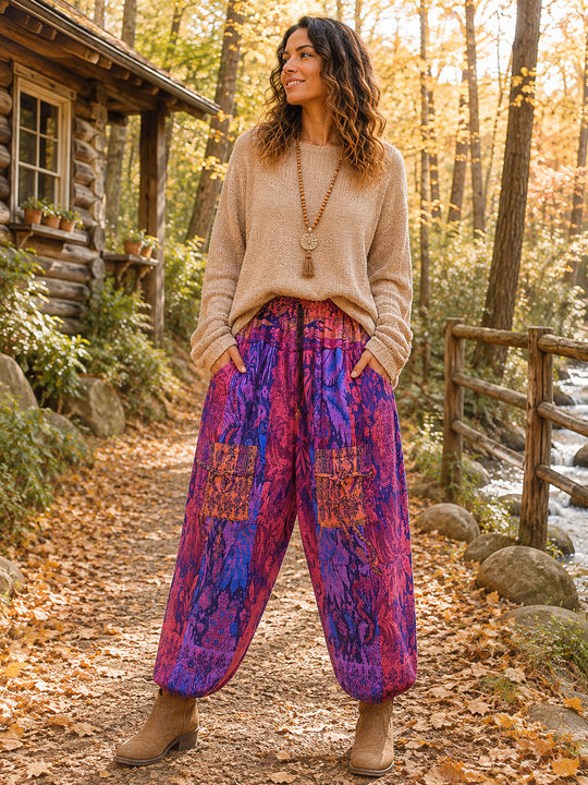 Bohotusk Pink Purple Coral Reef Fleece Harem Pants One Size
