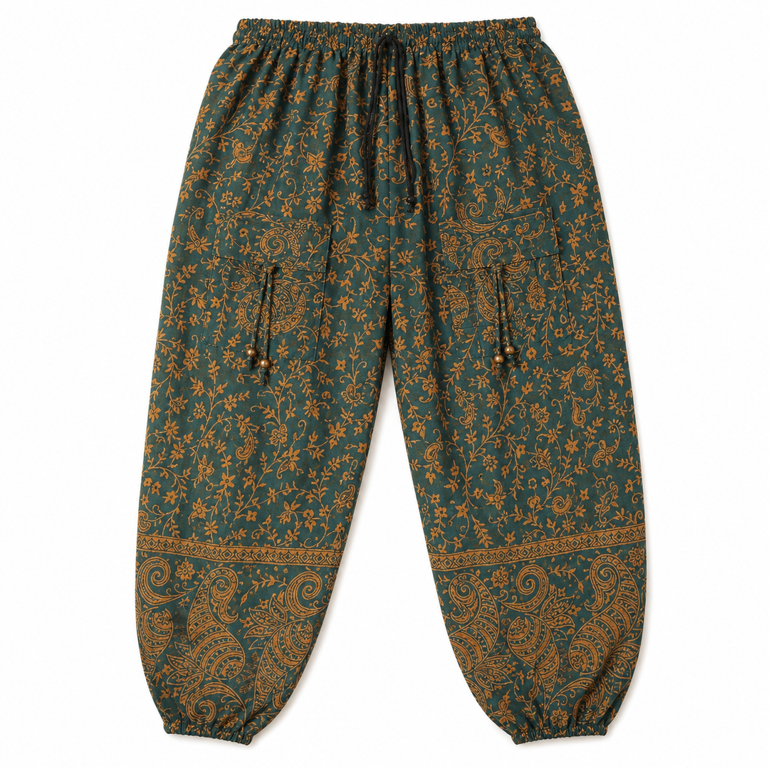 Bohotusk Green Light Brown Paisley Fleece Harem Pants One Size