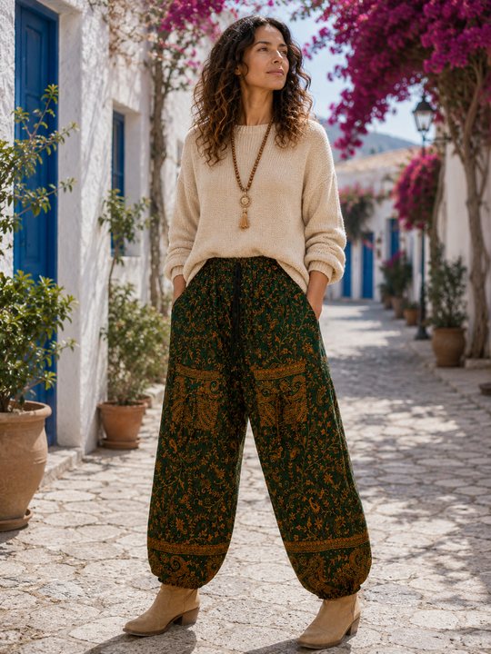 Bohotusk Green Brown Paisley Fleece Harem Pants One Size