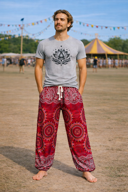 Bohotusk Mens Red Sun Beam Harem Pants Cord Tie Waist M/L to 2XL