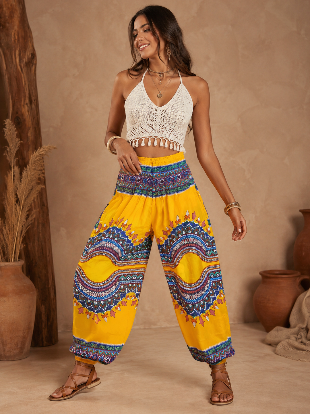 Yellow Geo Waves Elasticated Smocked Waist Womens Harem Pants S/M Only
