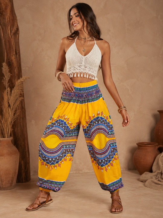 Yellow Geo Waves Elasticated Smocked Waist Womens Harem Pants S/M Only
