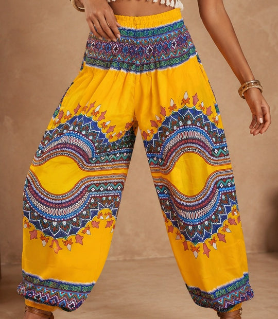 Yellow Geo Waves Elasticated Smocked Waist Womens Harem Pants S/M Only