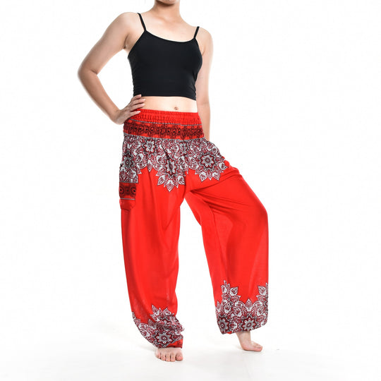 Bohotusk Red Thai Floral Smocked Waist Harem Pants S/M Only