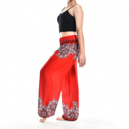 Bohotusk Red Thai Floral Smocked Waist Harem Pants S/M Only