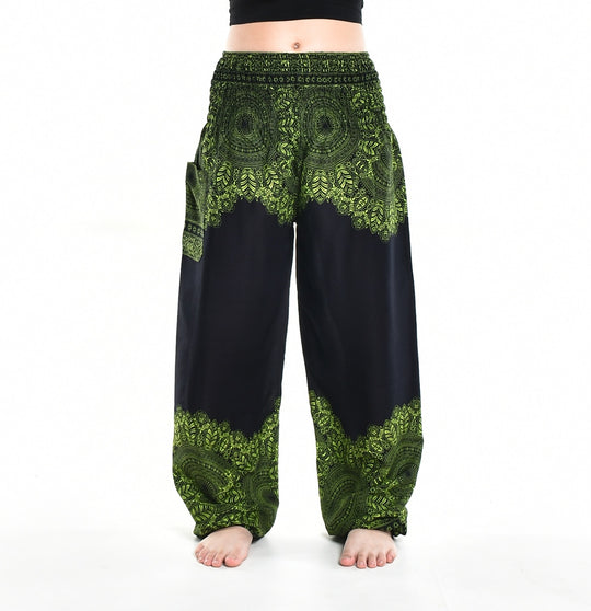 Bohotusk Green Solar Storm Elasticated Smocked Waist Womens Harem Pants S/M - 3XL