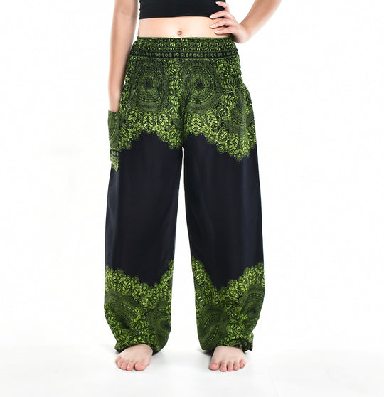 Bohotusk Green Solar Storm Elasticated Smocked Waist Womens Harem Pants S/M - 3XL