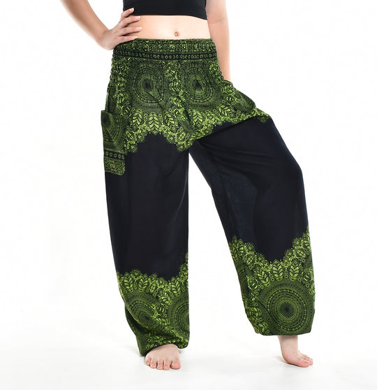 Bohotusk Green Solar Storm Elasticated Smocked Waist Womens Harem Pants S/M - 3XL