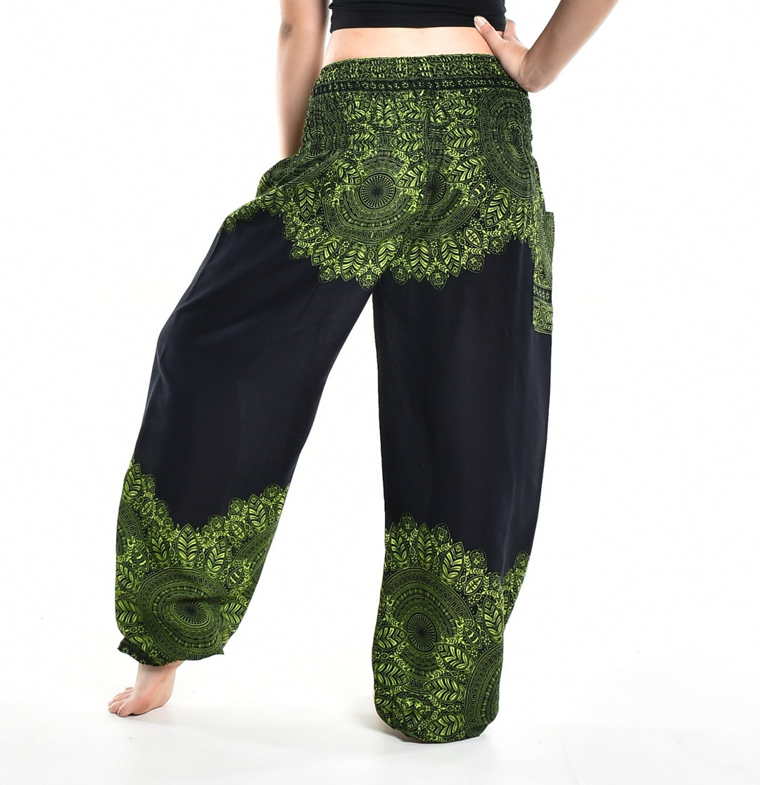 Bohotusk Green Solar Storm Elasticated Smocked Waist Womens Harem Pants S/M - 3XL