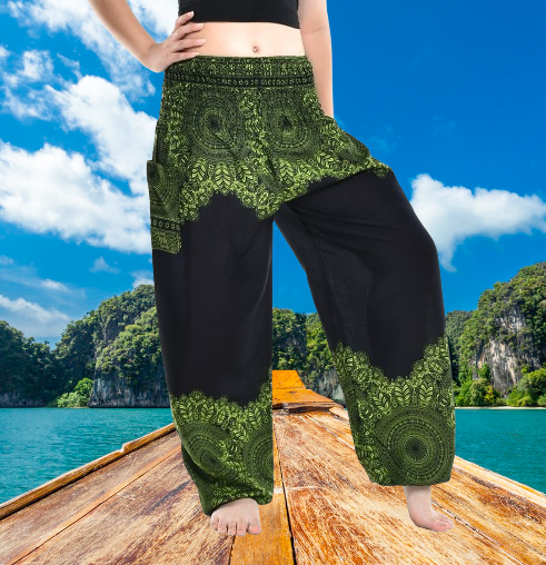 Bohotusk Green Solar Storm Elasticated Smocked Waist Womens Harem Pants S/M - 3XL