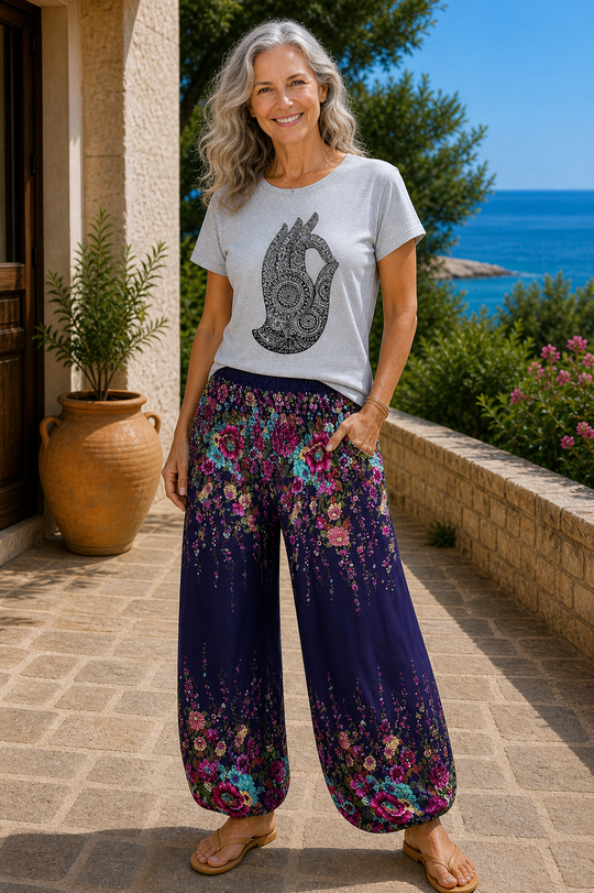 Bohotusk Indigo Floral Print Elasticated Smocked Waist Womens Harem Pants