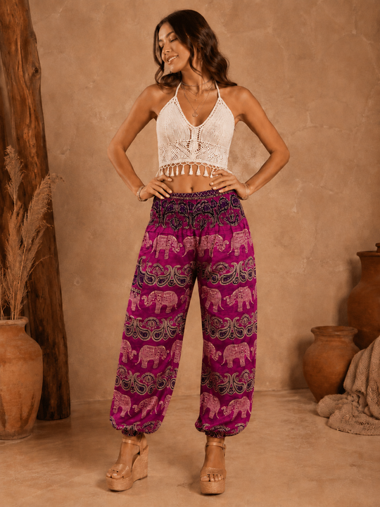 Bohotusk Pink Elephant Grassland Print Elasticated Smocked Waist Womens Harem Pants S/M to 4XL