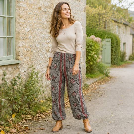 Bohotusk Womens Autumn Grey Cross Stripe Print Cotton Harem Pants S/M to 3XL