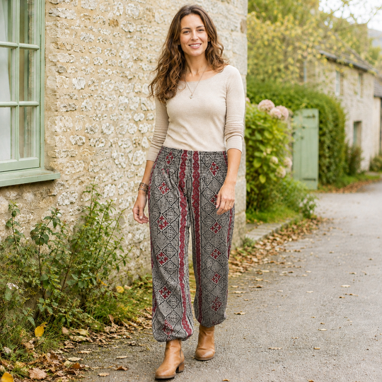 Bohotusk Womens Autumn Grey Cross Stripe Print Cotton Harem Pants S/M to 3XL