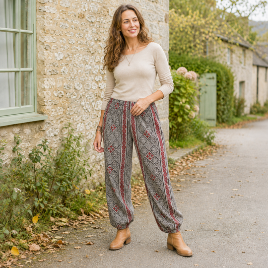 Bohotusk Womens Autumn Grey Cross Stripe Print Cotton Harem Pants S/M to 3XL