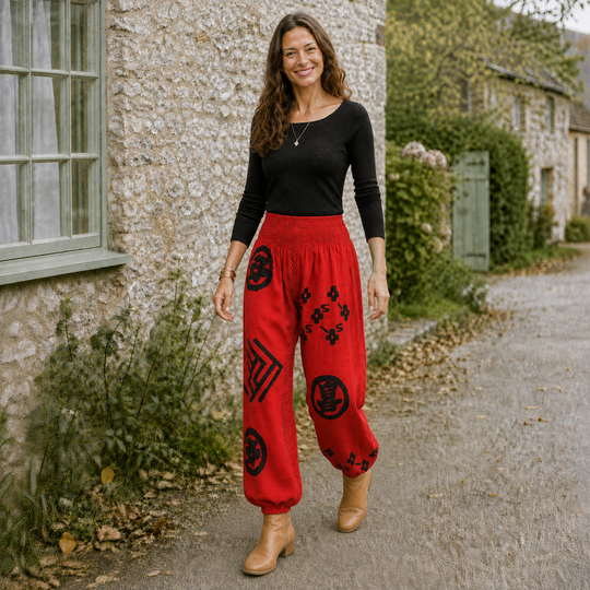 Bohotusk Womens Autumn Red Chilli Tribe Print Cotton Harem Pants S/M to 3XL