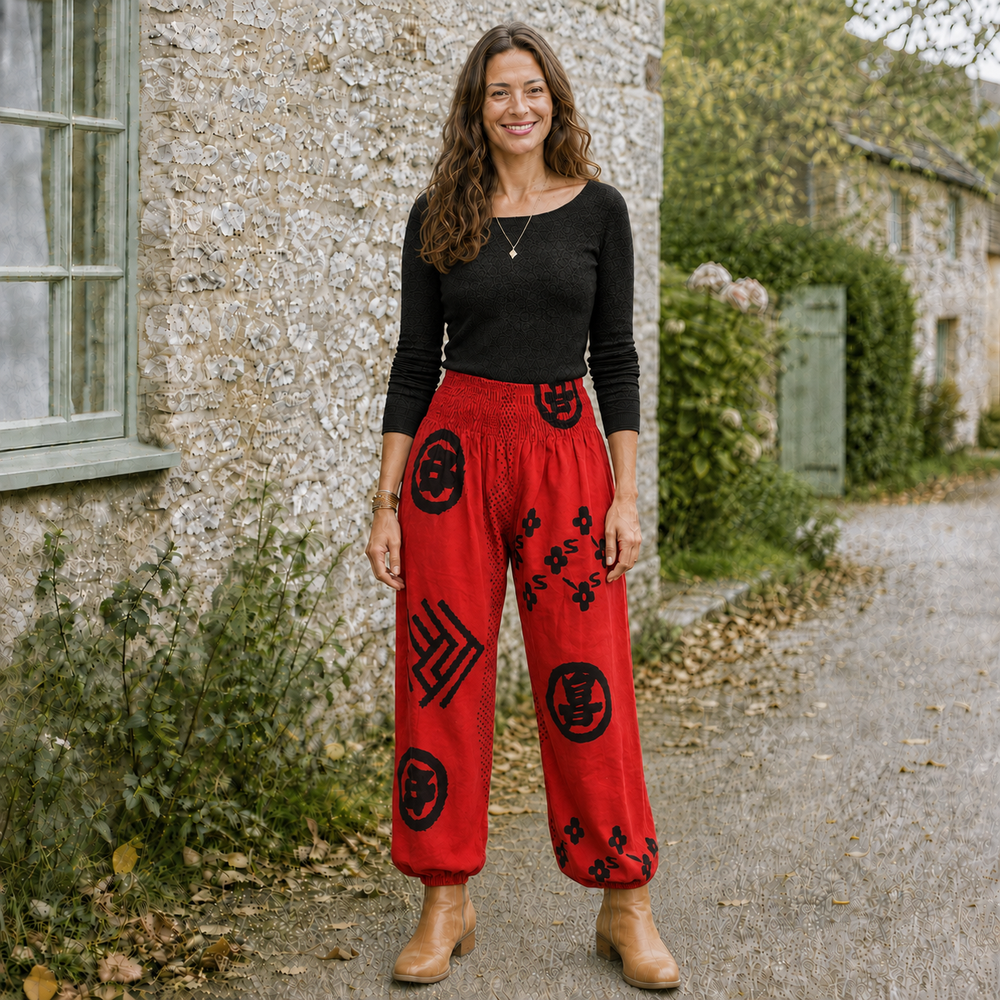 Bohotusk Womens Autumn Red Chilli Tribe Print Cotton Harem Pants S/M to 3XL