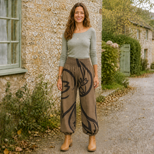 Bohotusk Womens Autumn Brown Forest Print Cotton Harem Pants S/M to 3XL