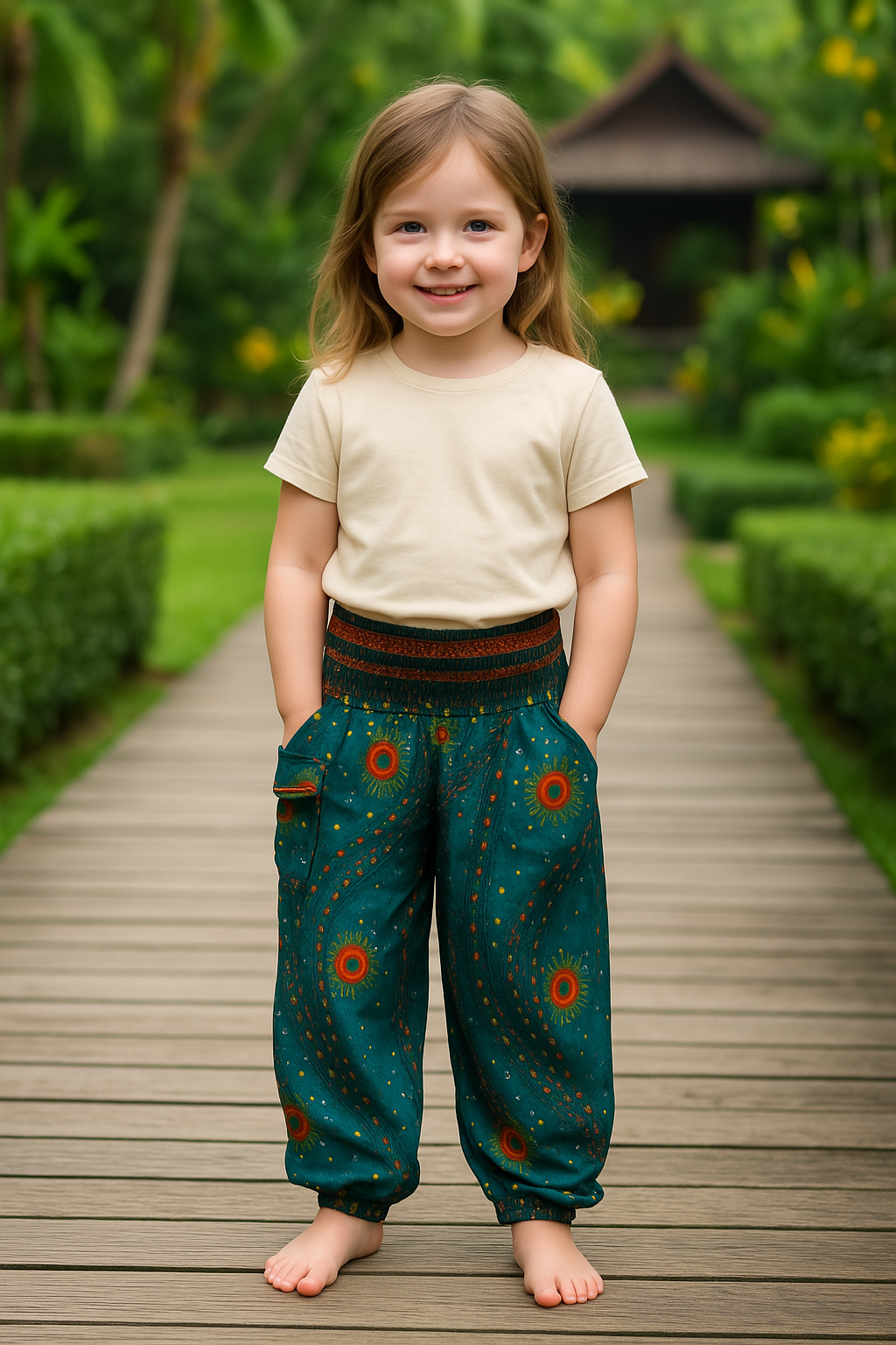 A child standing on a wooden pathway wearing teal harem pants with a smocked elastic waistband and a t-shirt.
