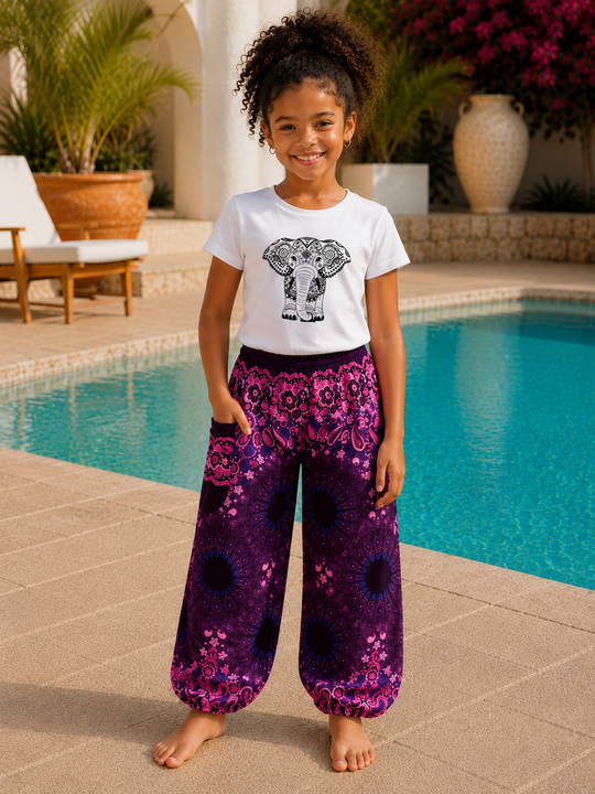 Bohotusk Kids Purple Ink Splash Print Elasticated Smocked Waist Harem Pants (6 - 8 Years)