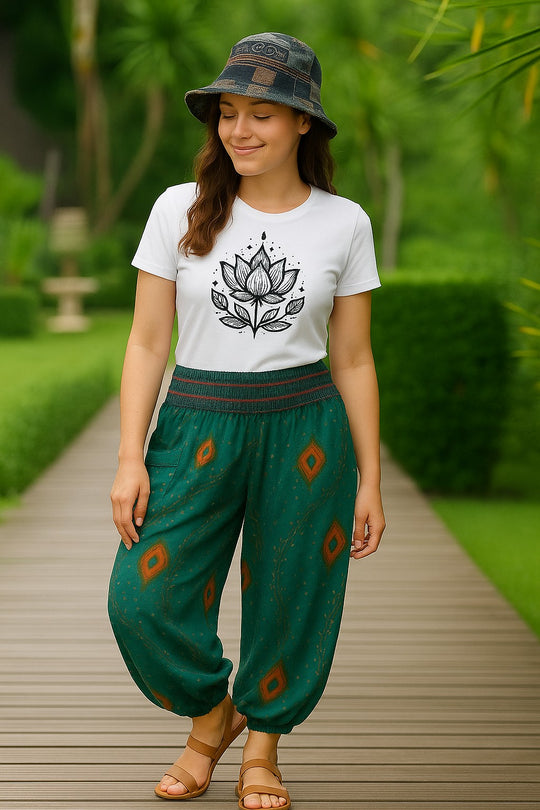 Bohotusk Green Moonshine Print Elasticated Smocked Waist Womens Harem Pants S/M to 4XL