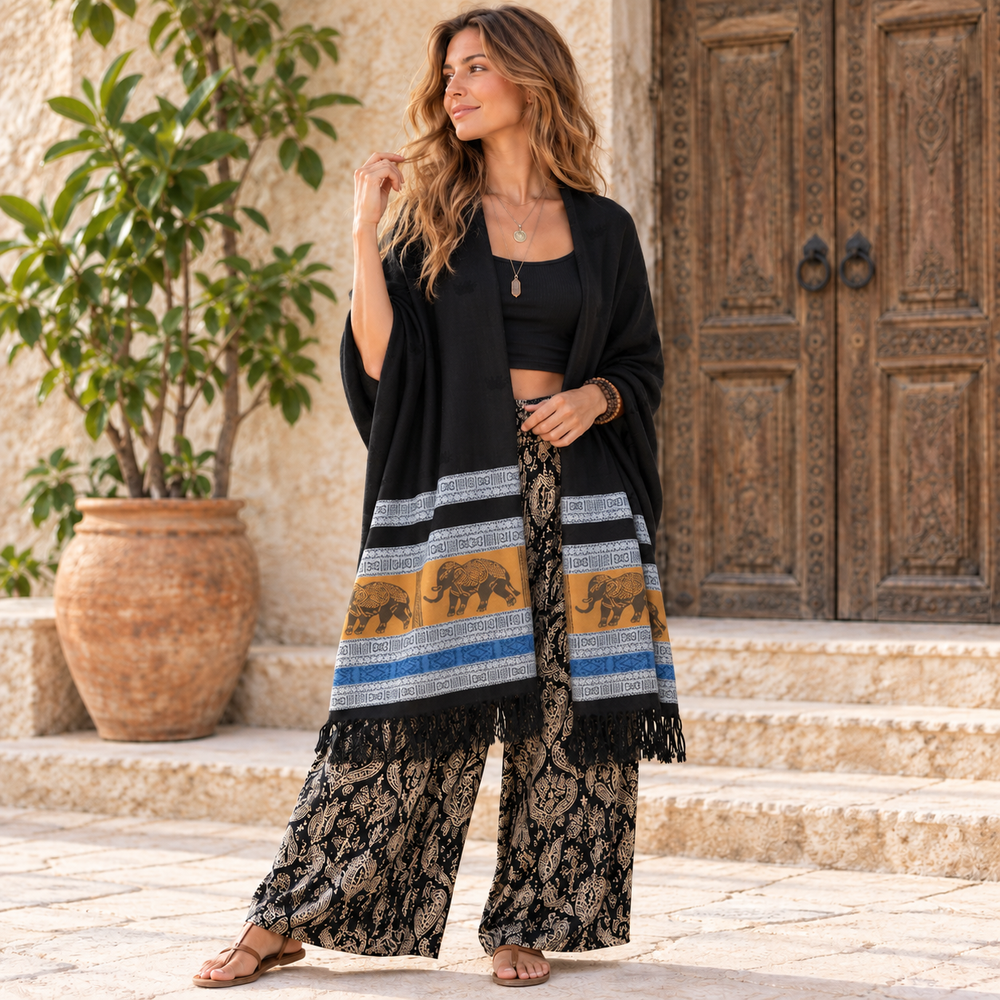 Bohotusk Black Blue Grey Elephant Stripe 26 Cashmere Pashmina 200 x 75cm