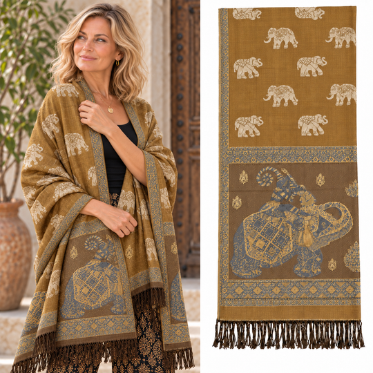 Bohotusk Bronze Elephant Sparkly Gold Detail Print 26 Cashmere Pashmina 200 x 75cm