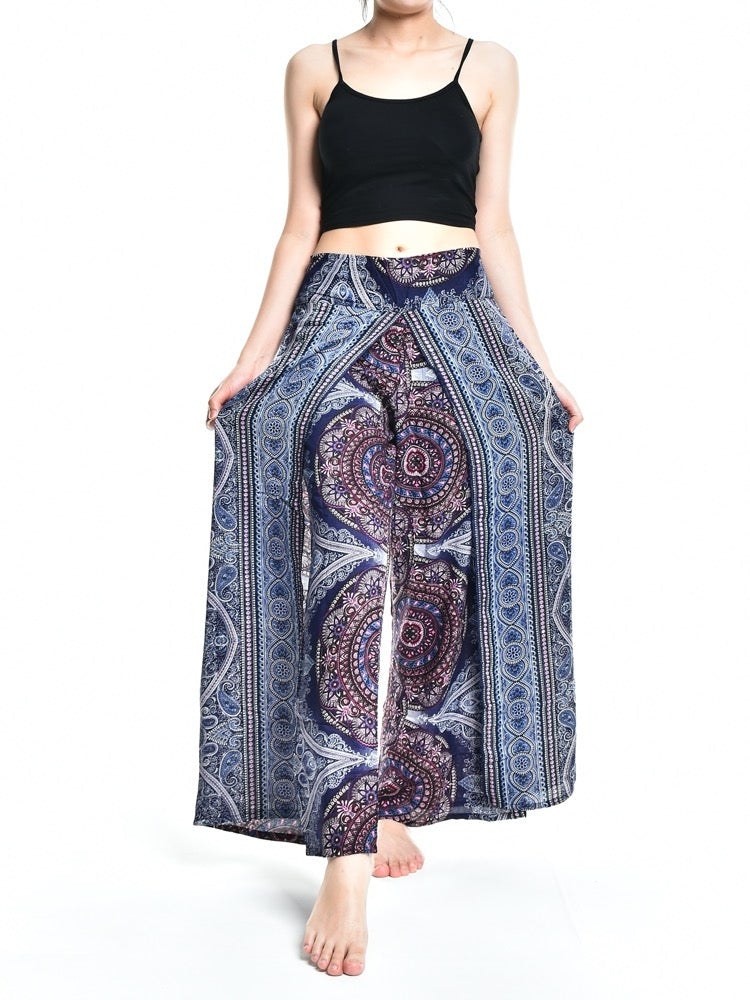 Bohotusk Grey Blue Sun Glow Print Womens Palazzo Pants S/M (UK 8 - 12)