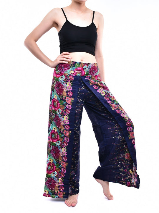 Bohotusk Indigo Blue Floral Print Womens Palazzo Pants S/M (UK 8 - 12)