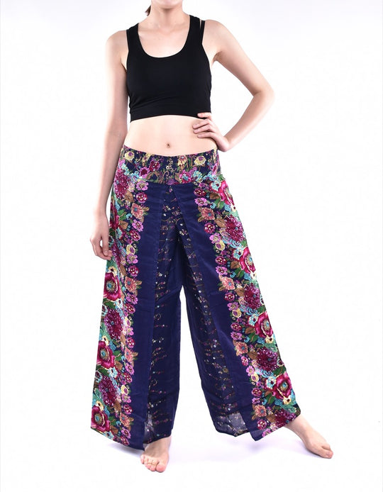 Bohotusk Indigo Blue Floral Print Womens Palazzo Pants S/M (UK 8 - 12)