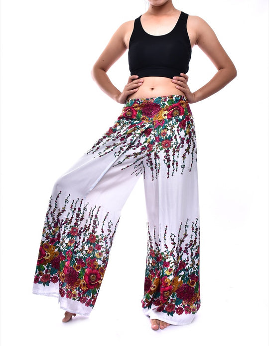 Bohotusk White Floral Print Womens Palazzo Pants S/M (UK 8 - 12)