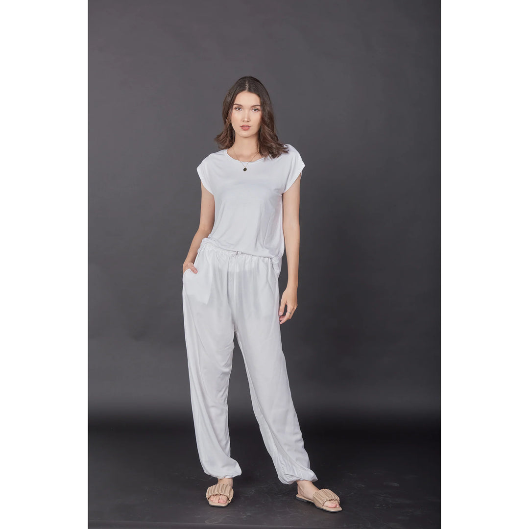 Bohotusk Plain White Womens Harem Pants Cord Tie Waist S/M Only