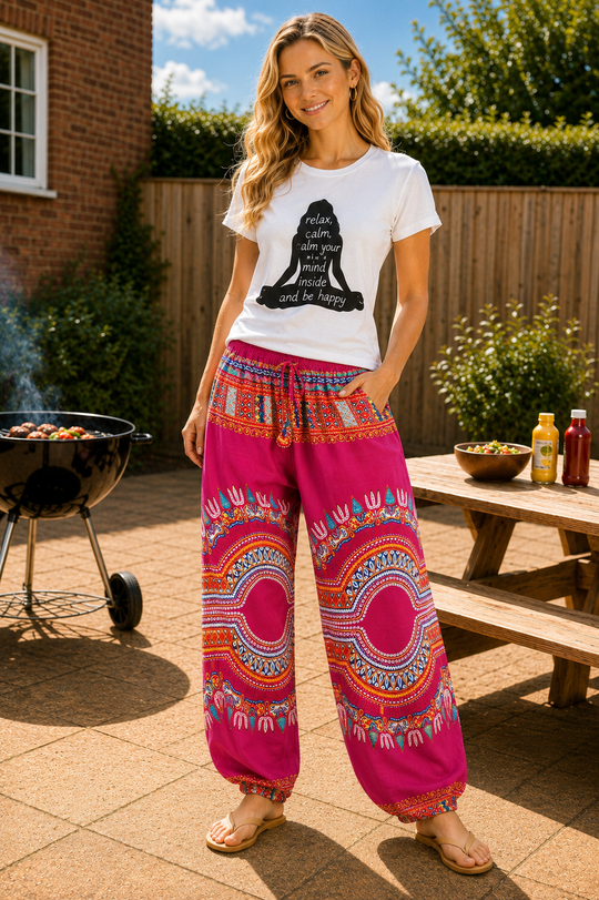 Bohotusk Pink Regue Print Womens Harem Pants Cord Tie Waist S/M Only