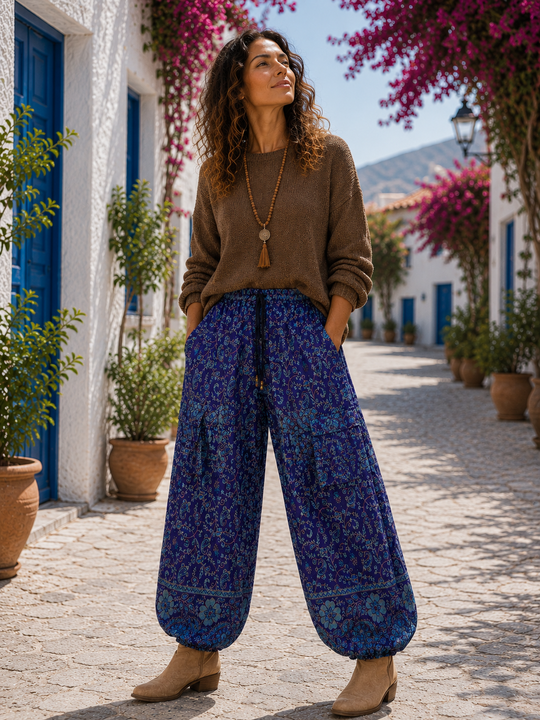 Bohotusk Purple Navy Blue Paisley Fleece Harem Pants