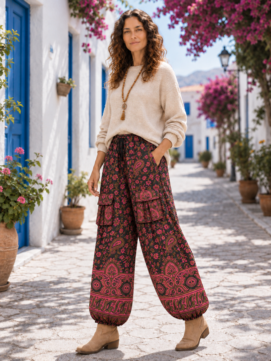 Bohotusk Pink Red Brown Paisley Fleece Harem Pants